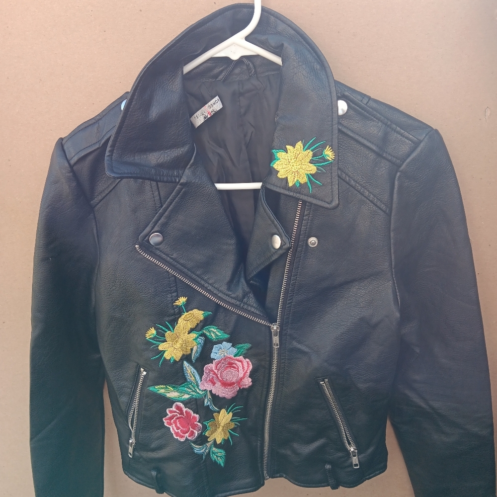 Romeo and Juliet Couture Faux black leather jacket with floral embroidery Size S